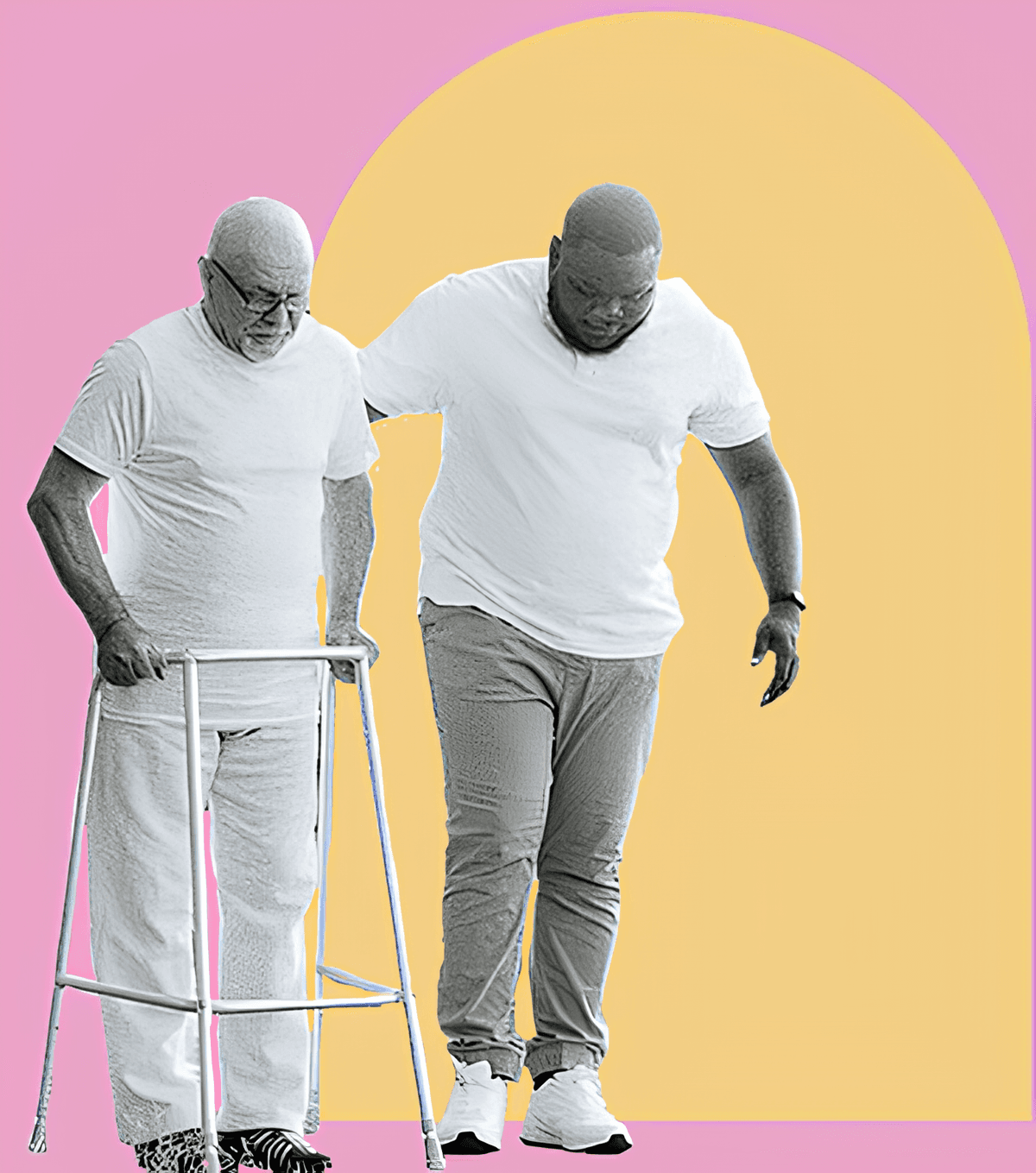 Support worker assisting client with walker